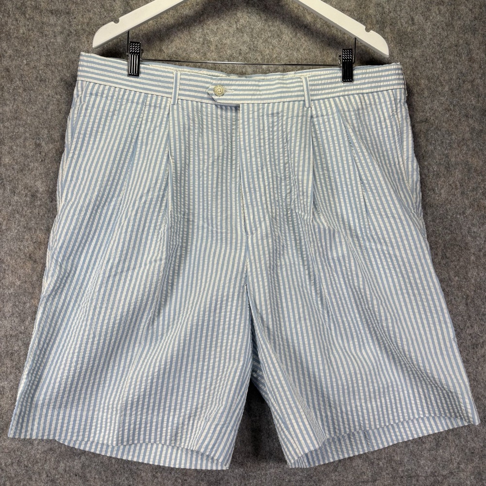 Fairway & Greene Golf Shorts Size 38 Seersucker Blue & White Striped Pleated VTG